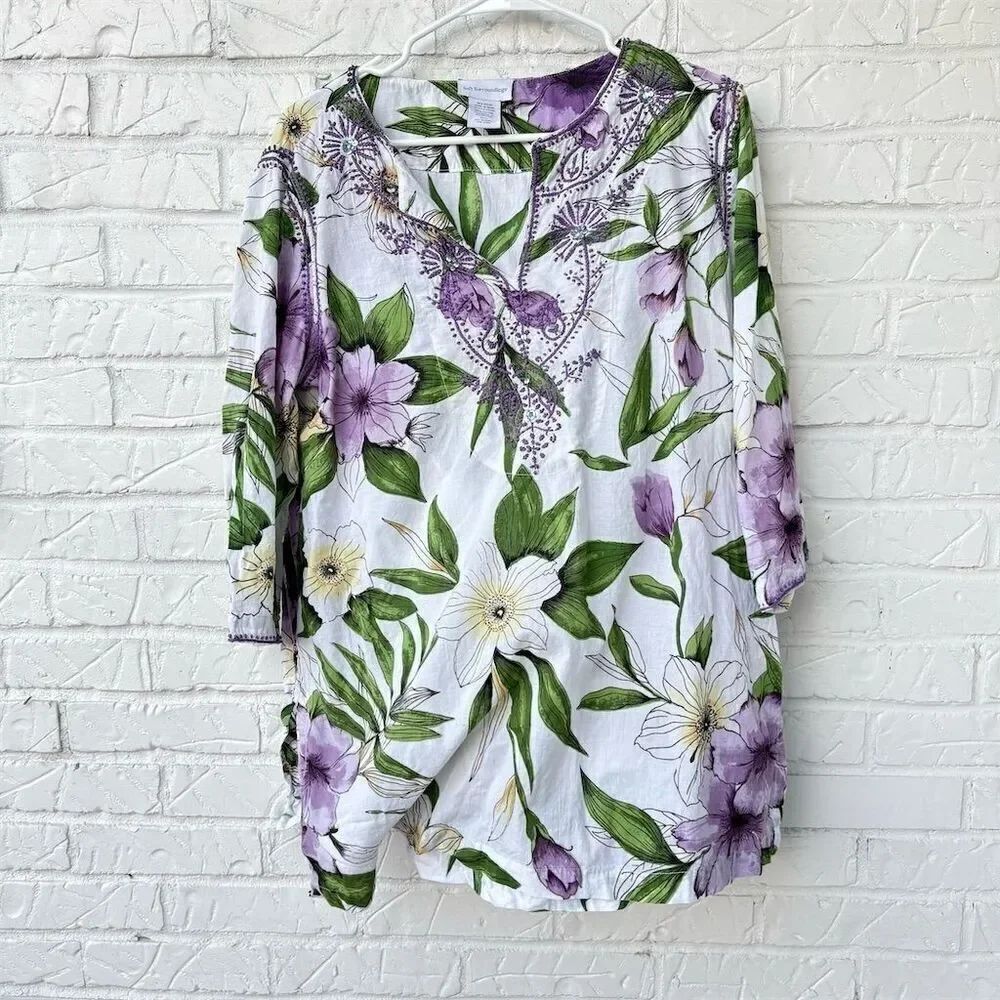 Soft Surroundings PXL Cotton Floral Tunic Blouse Embroidered Purple Casual Top